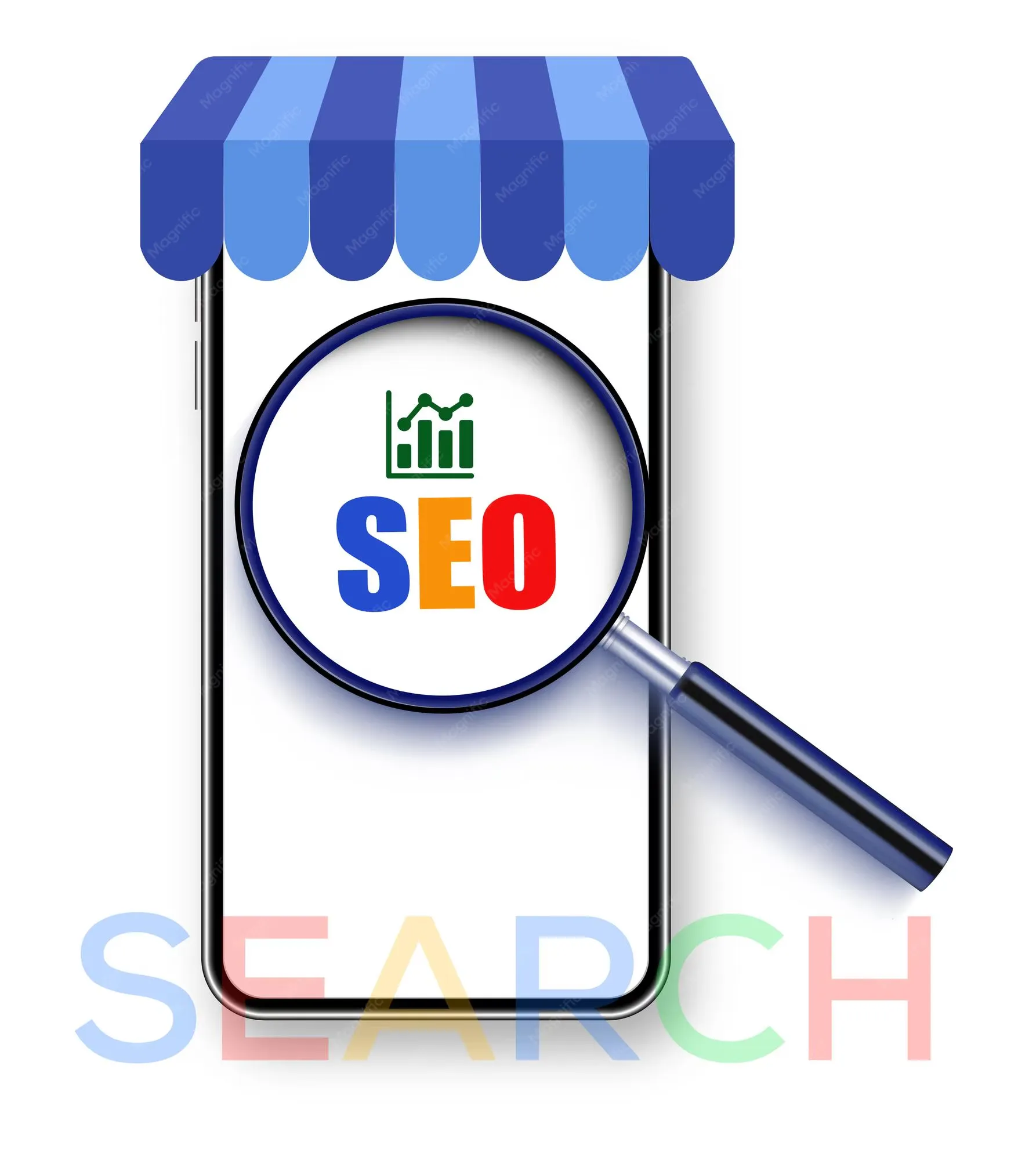 An eCommerce SEO Services graphic showing a smartphone under a blue awning with a magnifying glass focused on a colorful SEO chart icon.