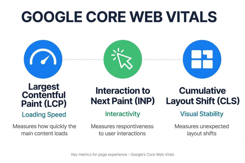 What are core web vitals and why are they important overview diagram showing LCP, INP, CLS metrics