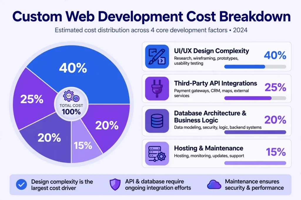 custom web development cost breakdown diagram showing core cost factors