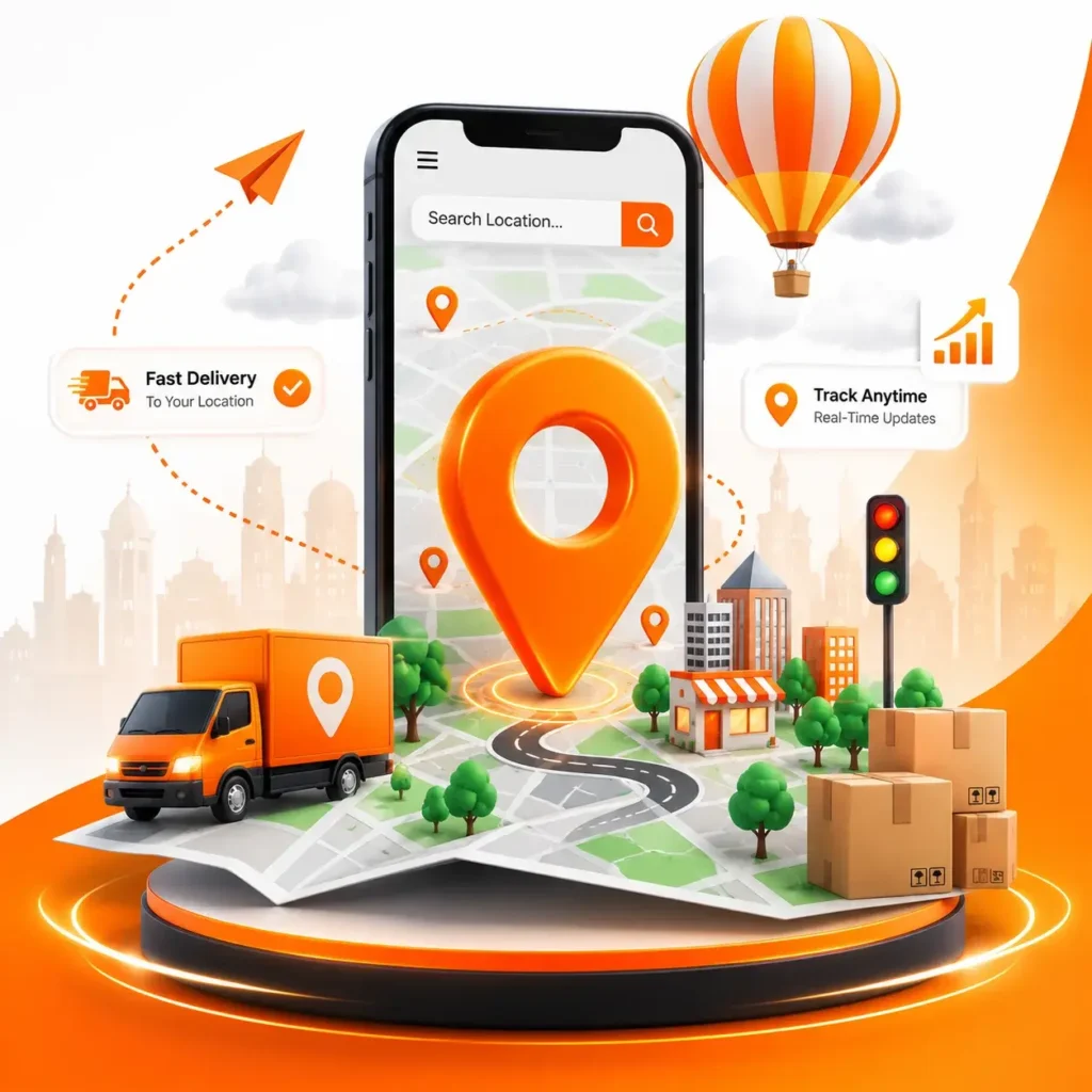SEO Services in Multan featuring a 3D smartphone map, location pin, delivery truck, packages, and local business navigation illustration
