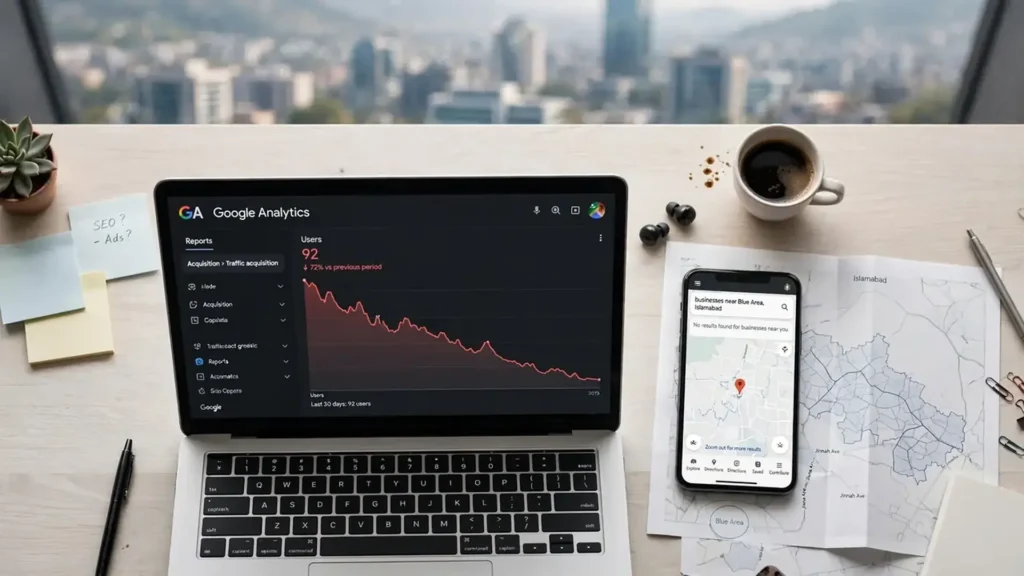 Why Islamabad business not getting traffic - owner checking Google Analytics with declining traffic and Blue Area Islamabad map