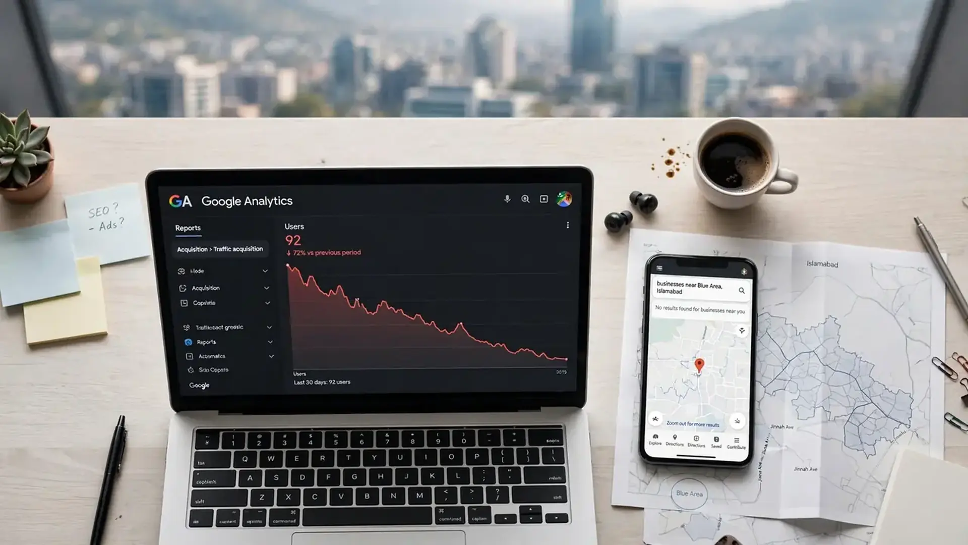Why Islamabad business not getting traffic - owner checking Google Analytics with declining traffic and Blue Area Islamabad map