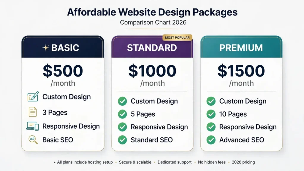 Affordable website design packages comparison chart 2026 showing basic 500 standard 1000 premium 1500 monthly plans