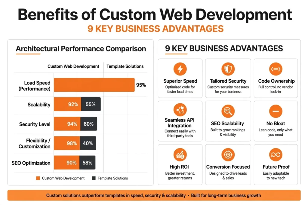 benefits of custom web development architectural performance chart showing load speed scalability security level flexibility and SEO comparison between custom development and template solutions