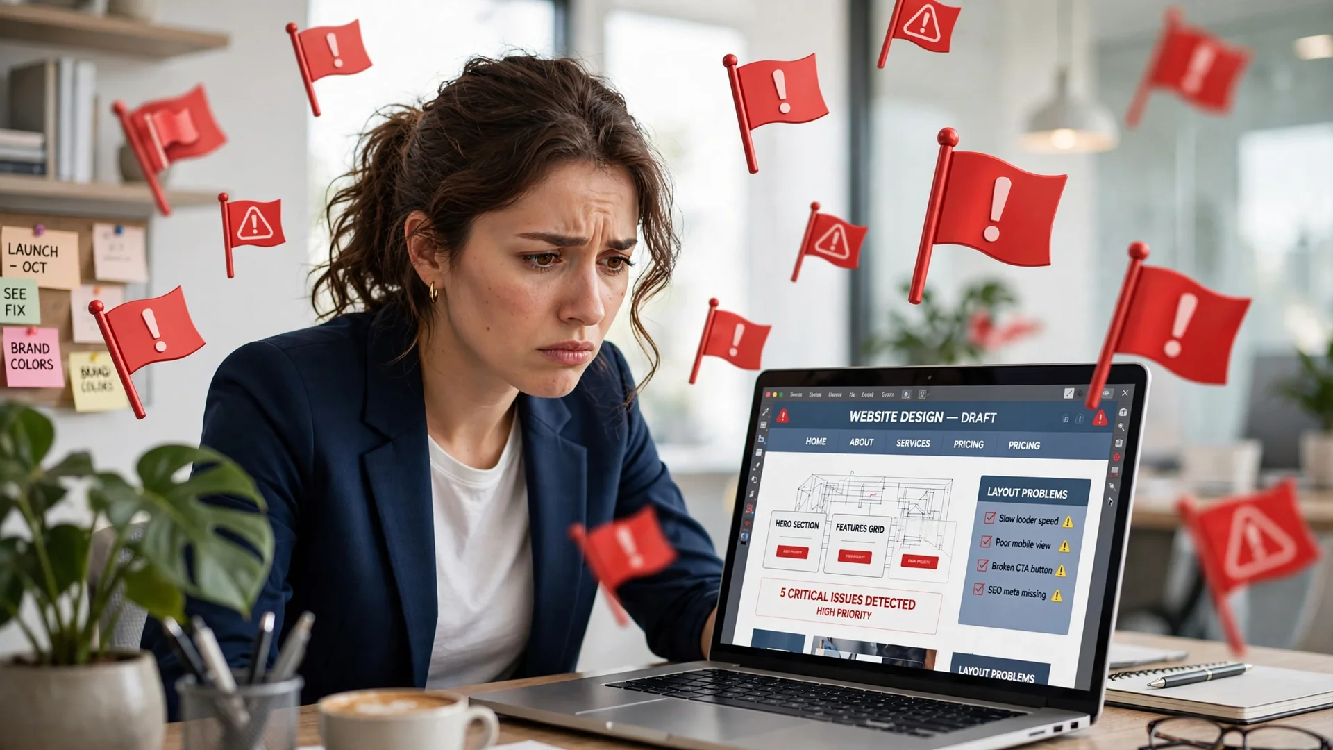 Frustrated business owner discovering web agency red flags on website design draft with critical layout issues