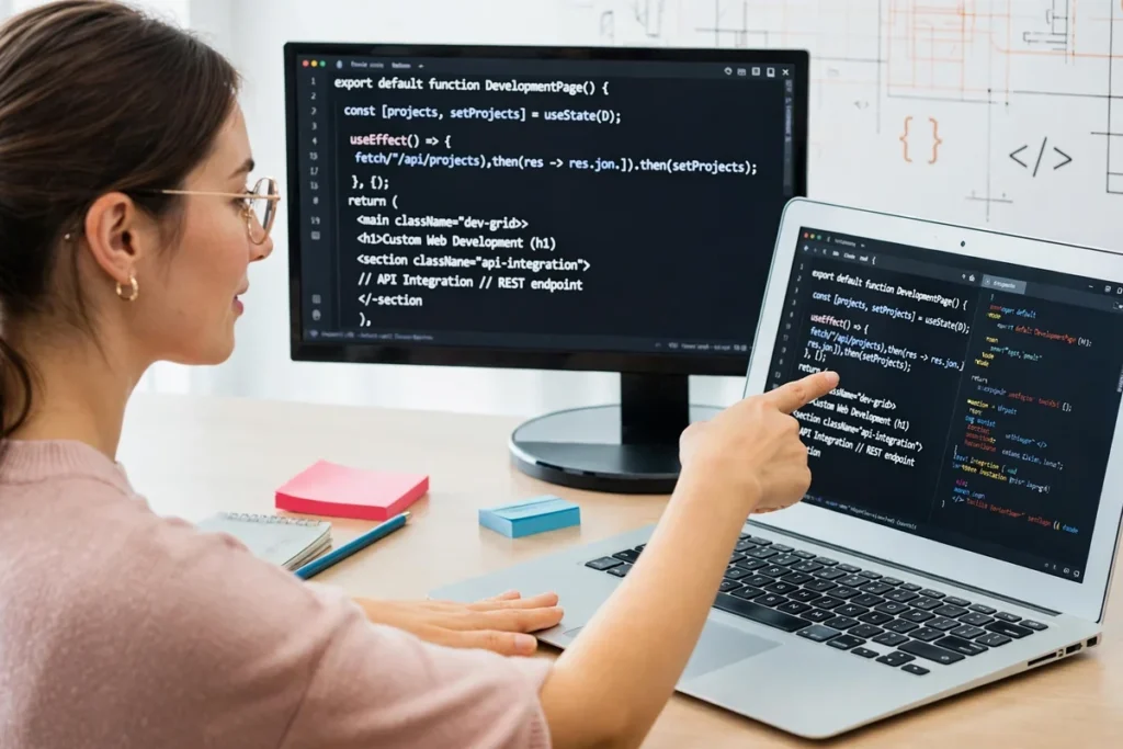 Custom web development developer coding process with API integration and tailored web solutions