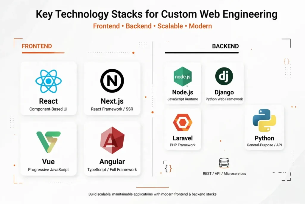 Key technology stacks for custom web engineering showing frontend React Next.js Vue Angular and backend Node.js Django Laravel Python frameworks