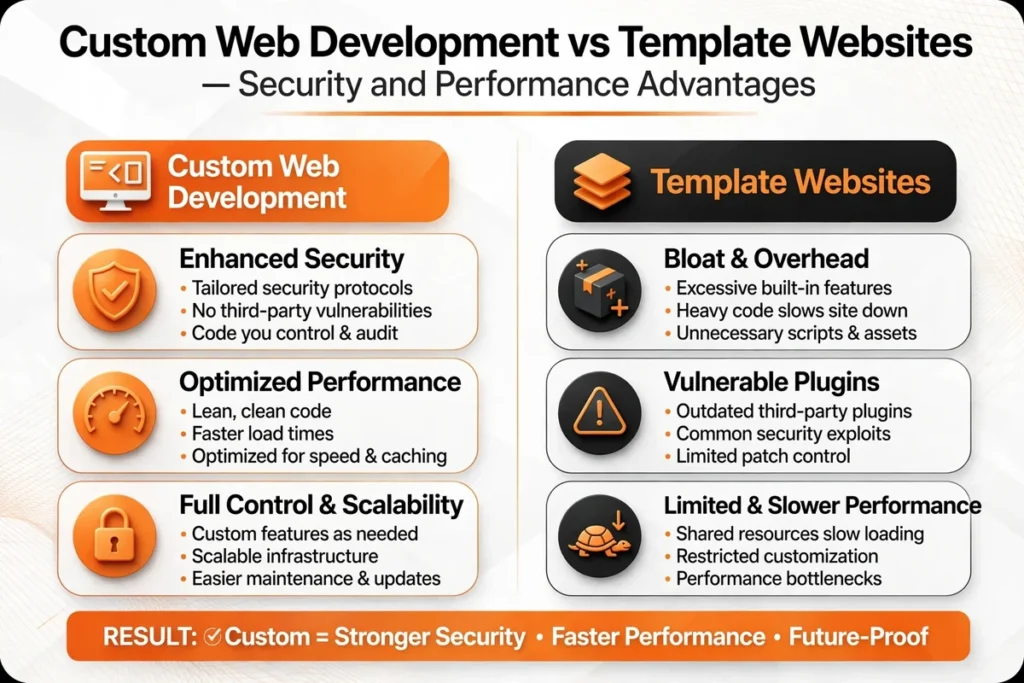 Custom web development vs template websites infographic showing security and performance advantages with enhanced security and optimized performance benefits