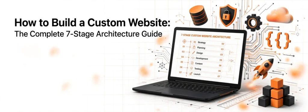 How to build a custom website the complete 7 stage architecture guide hero banner with strategy planning design development content testing launch stages and tech icons