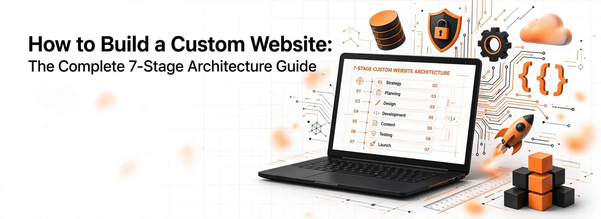 How to build a custom website the complete 7 stage architecture guide hero banner with strategy planning design development content testing launch stages and tech icons