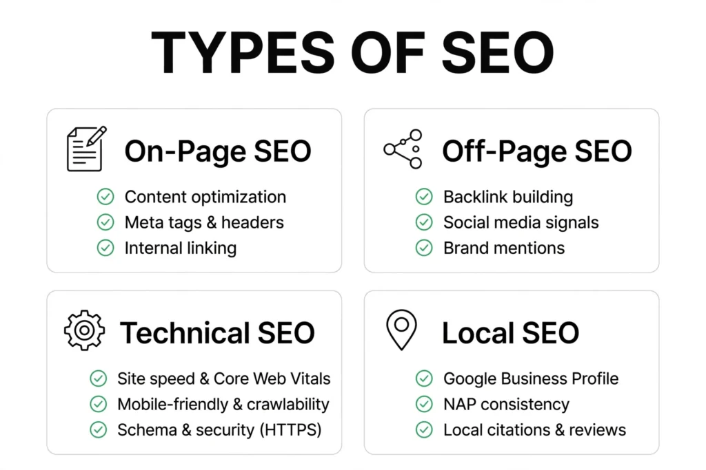 What are the 4 types of SEO - On Page, Off Page, Technical, Local SEO simple guide