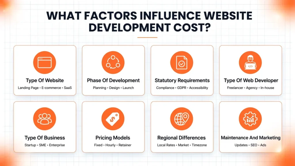 What factors influence website development cost infographic showing 8 factors type of website development phase statutory requirements developer business pricing regional maintenance