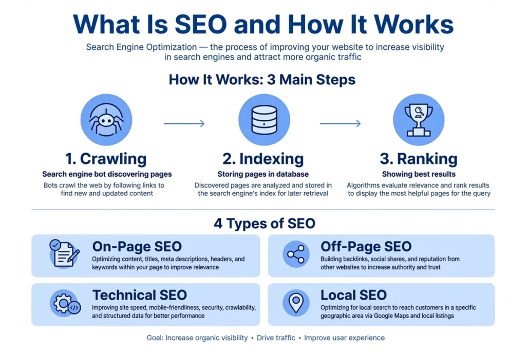 What Is SEO and How It Works diagram showing search engine optimization process